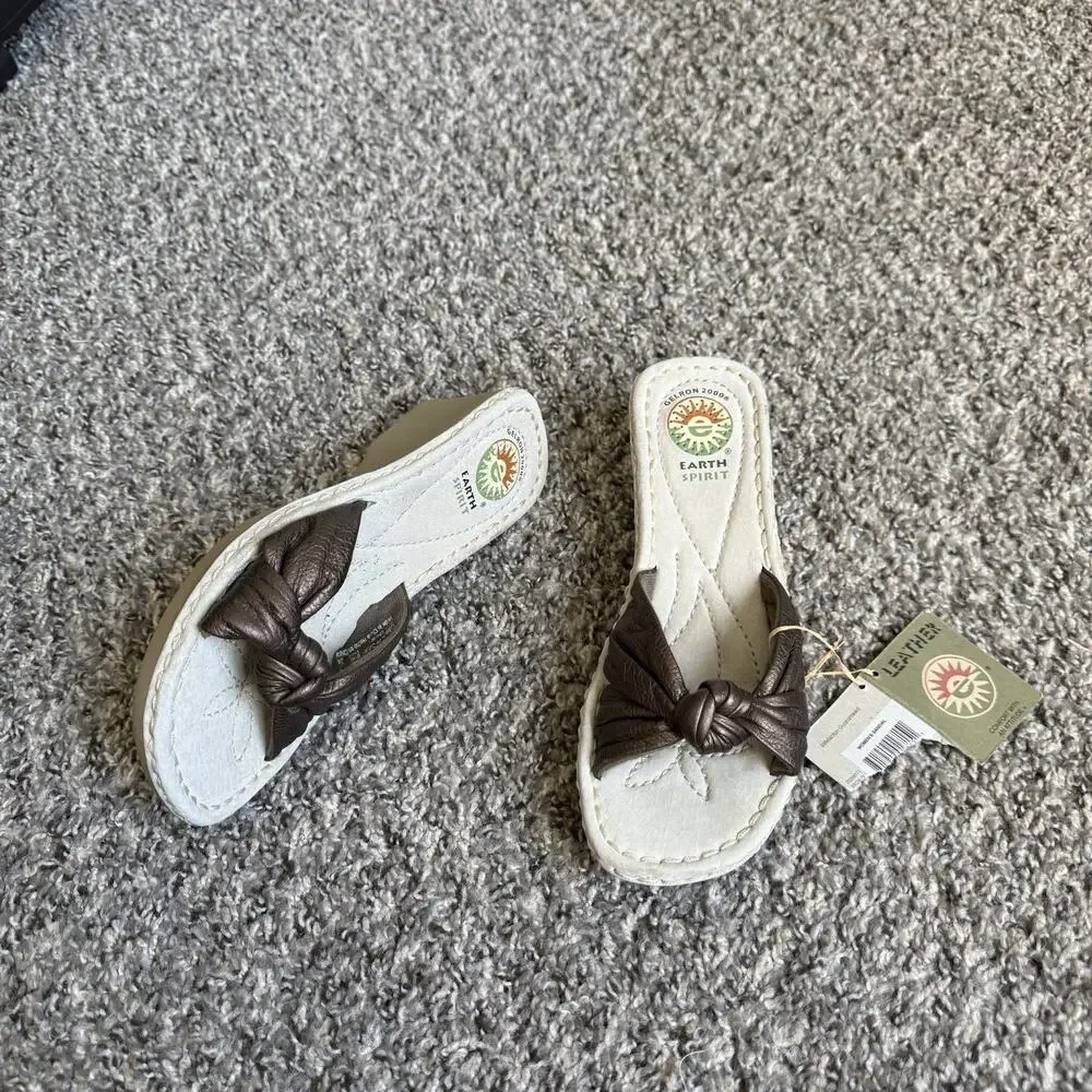 Earth Spirit Sandals Comfort Slip On Wedge Slides Shoe Size 7 Liberty Brown New